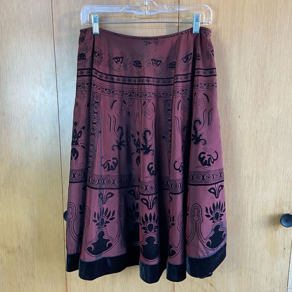 Vintage 90s Flocked Velvet Trim A-Line Midi Skirt Maroon and Black Holiday Party